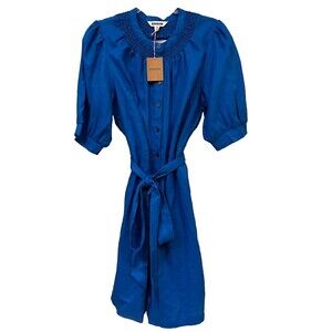 NEW Boden Ada Size 12 R Linen Midi Dress Blue Smocked Button Belted Puff Sleeve